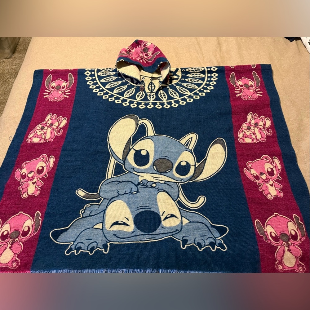 Disney Adult Stitch Angel Hooded Poncho with Blue Pink NWOT One Size